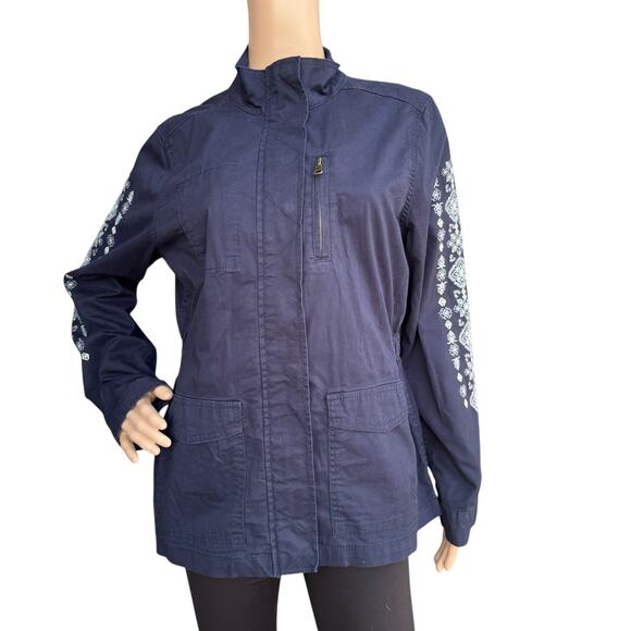 Sonoma M Utility Jacket Navy Embroidered Sleeve Mock Neck Field Jacket Cotton - Picture 1 of 9